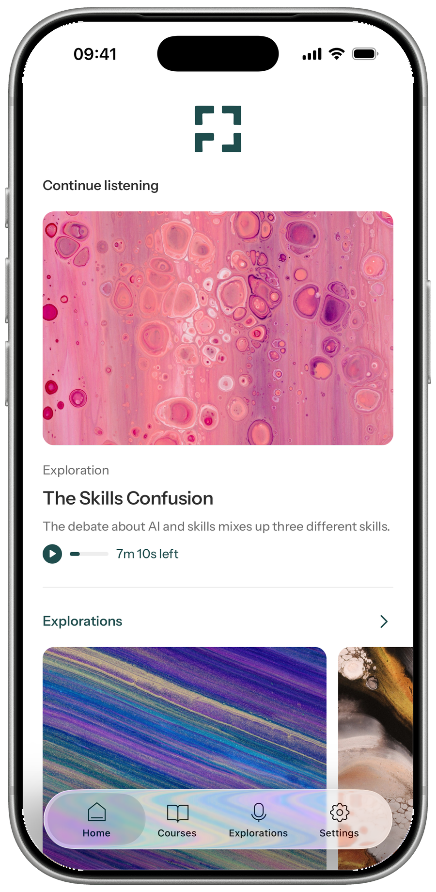 The Home tab with Continue listening and Explorations