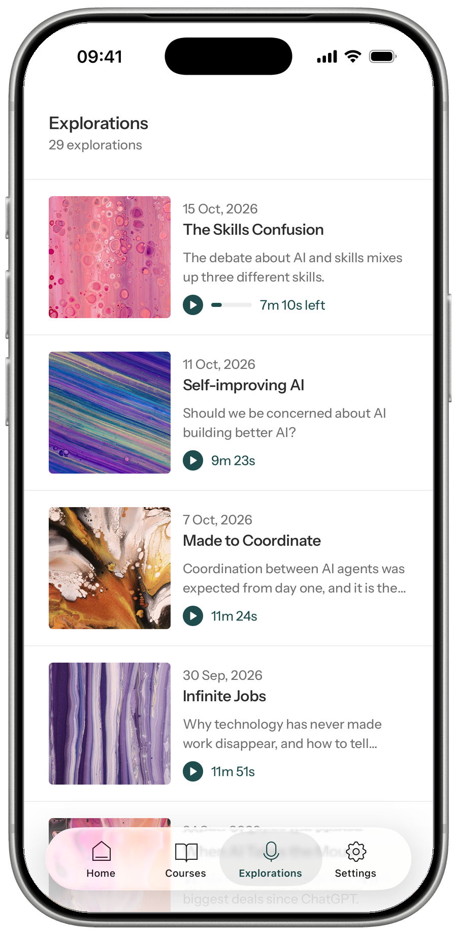The Explorations tab, newest first